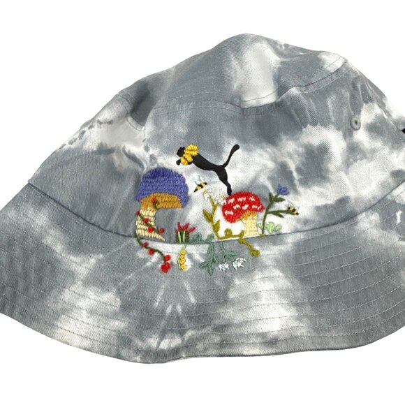 Puma Tie Dye Bucket Hat Gray Embroidered Shrooms Bees Garden Unisex One Size - Picture 1 of 8